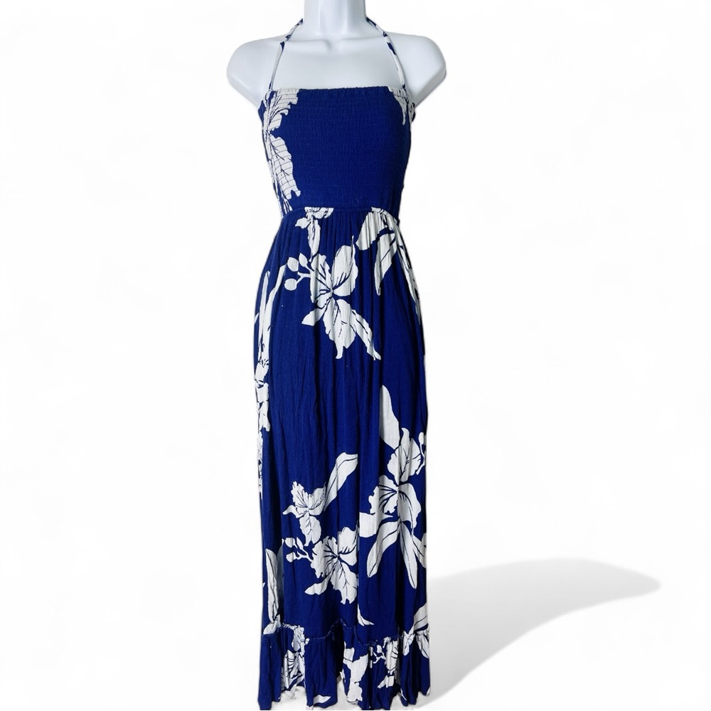 Lovely Day - Women's‎ Hawaiian Hibsicus Smocked Maxi Dress Blue White - Sz. M